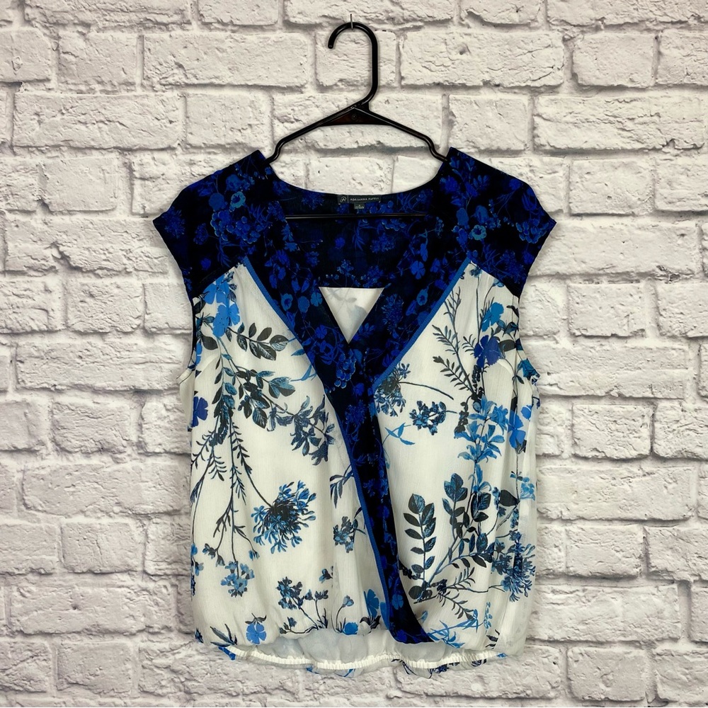 Adrianna Papell Wrap Style Blue/Black/White Floral Blouse - Size Small